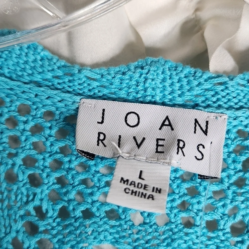 New JOAN RIVERS Aqua Blue Long Cardigan Size L Knitted Heart Long Sleeves